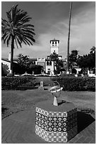 Patio gardens festooned with hand-painted tiles, Riviera Del Pacifico, Ensenada. Baja California, Mexico (black and white)