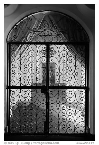 Elaborate grillwork inside Riviera Del Pacifico, Ensenada. Baja California, Mexico (black and white)