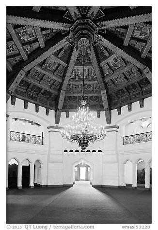 Carved beams and chandelier, casino room, Riviera Del Pacifico, Ensenada. Baja California, Mexico (black and white)