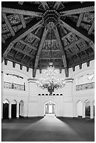 Carved beams and chandelier, casino room, Riviera Del Pacifico, Ensenada. Baja California, Mexico (black and white)