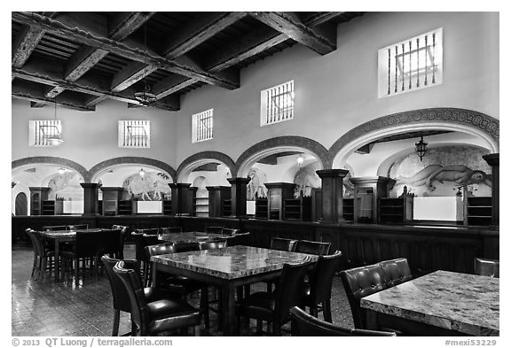 Room with elaborated mosaics and carved beams, Riviera Del Pacifico, Ensenada. Baja California, Mexico (black and white)