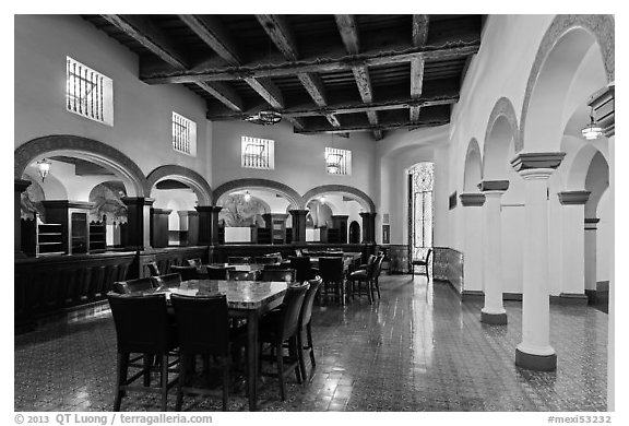 Room with original furniture and mosaics, Riviera Del Pacifico, Ensenada. Baja California, Mexico (black and white)