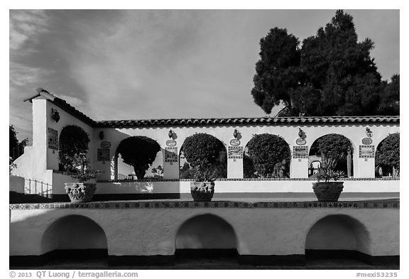 Courtyard arches, Riviera Del Pacifico, Ensenada. Baja California, Mexico (black and white)