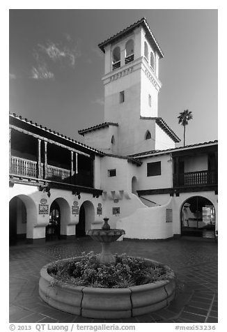 Courtyard, fountain and tower, Riviera Del Pacifico, Ensenada. Baja California, Mexico