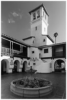 Courtyard, fountain and tower, Riviera Del Pacifico, Ensenada. Baja California, Mexico ( black and white)