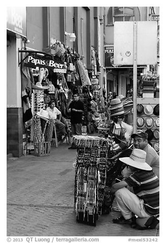 Souvenirs stands on sidewalk, Ensenada. Baja California, Mexico