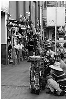 Souvenirs stands on sidewalk, Ensenada. Baja California, Mexico (black and white)