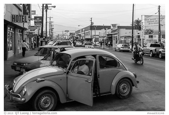Street and Wolswagen bug, Ensenada. Baja California, Mexico (black and white)