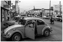 Street and Wolswagen bug, Ensenada. Baja California, Mexico (black and white)