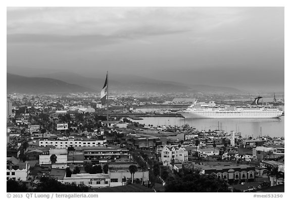 Ensenada harbor, and cruise ship at sunset. Baja California, Mexico