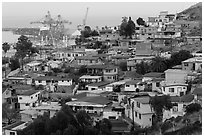 Houses on hillside above harbor, Ensenada. Baja California, Mexico (black and white)