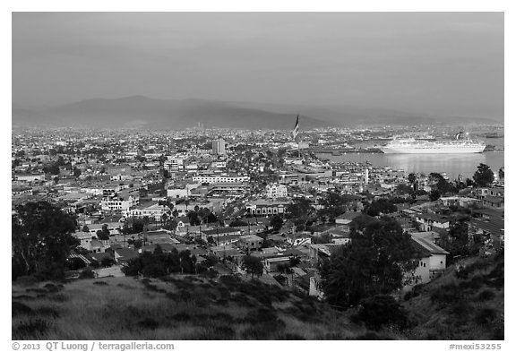 Panoramic view of city from hills at sunset, Ensenada. Baja California, Mexico