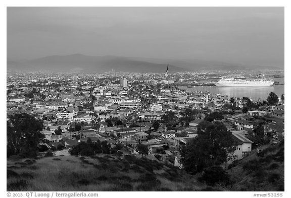 Panoramic view of city from hills at sunset, Ensenada. Baja California, Mexico