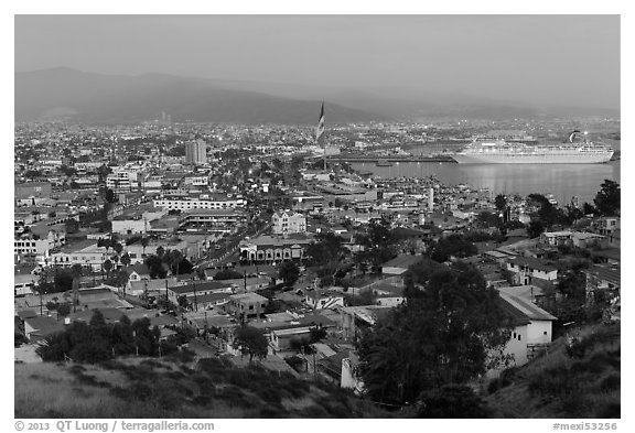 Ensenada and harbor at dusk. Baja California, Mexico (black and white)