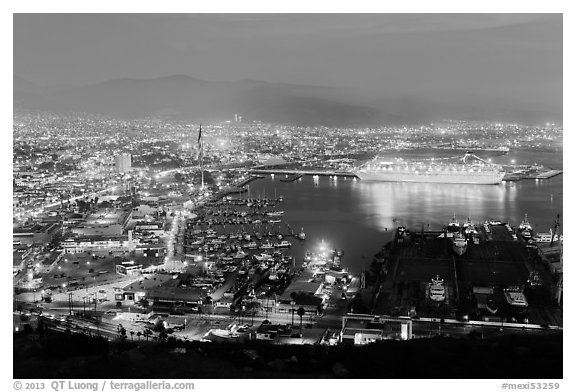 Harbor at night from above, Ensenada. Baja California, Mexico (black and white)