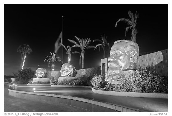 Monumental heads of Benito Juarez, Miguel Hidalgo and Venustiano Carranza, Ensenada. Baja California, Mexico (black and white)