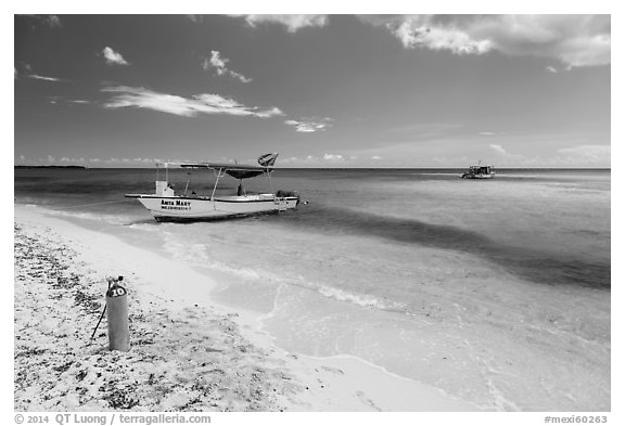 Dive boats and beach. Cozumel Island, Mexico (black and white)