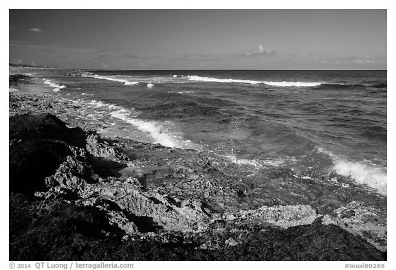 Rocky shoreline near Punta Sur. Cozumel Island, Mexico (black and white)