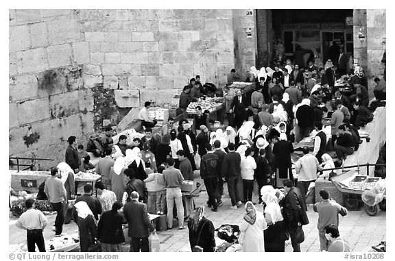 Crowds outside Damascus Gate. Jerusalem, Israel (black and white)