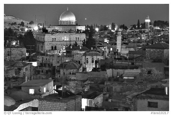 Old town roofs and Dome of the Rock by night. Jerusalem, Israel (black and white)