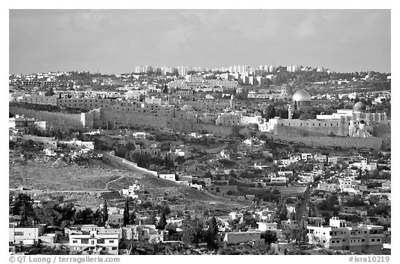 Old town skyline with remparts and Dome of the Rock. Jerusalem, Israel (black and white)