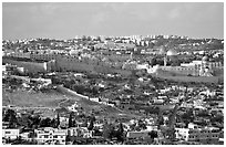 Old town skyline with remparts and Dome of the Rock. Jerusalem, Israel (black and white)