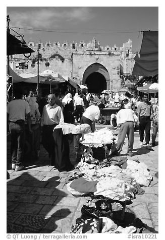 Street market inside the old town next to the remparts. Jerusalem, Israel (black and white)
