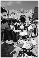 Street market inside the old town next to the remparts. Jerusalem, Israel (black and white)