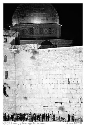 Western (Wailling) Wall and Dome of the Rock at night. Jerusalem, Israel (black and white)