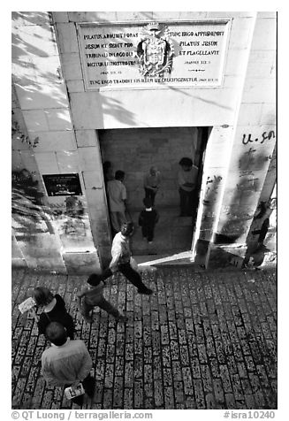 One of the stations of the Cross on the Via Dolorosa. Jerusalem, Israel (black and white)