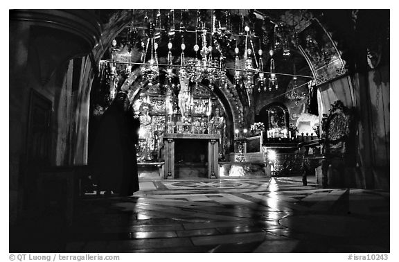 Decorated chapel inside the Church of the Holy Sepulchre. Jerusalem, Israel (black and white)