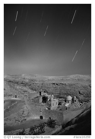 Star trails above the Mar Saba Monastery. West Bank, Occupied Territories (Israel) (black and white)