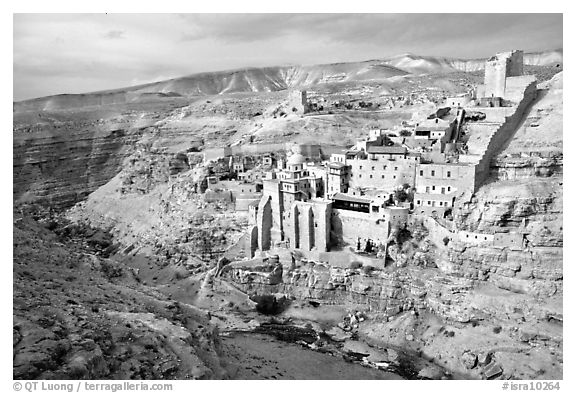 Mar Saba Monastery seen across the Kidron River. West Bank, Occupied Territories (Israel) (black and white)
