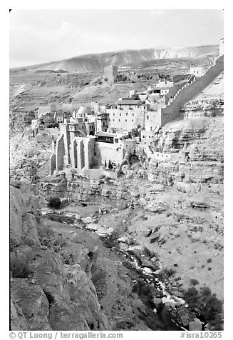 Mar Saba Monastery and steep Kidron River gorge. West Bank, Occupied Territories (Israel) (black and white)