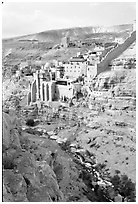 Mar Saba Monastery and steep Kidron River gorge. West Bank, Occupied Territories (Israel) (black and white)