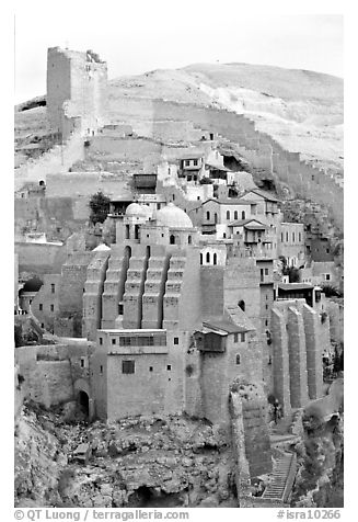 Fortified walls of the Mar Saba Monastery. West Bank, Occupied Territories (Israel) (black and white)