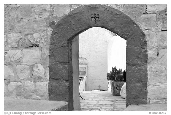 Blue doorway inside the Mar Saba Monastery. West Bank, Occupied Territories (Israel) (black and white)