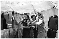 Bedouin women rearranging a tent's cover, Judean Desert. West Bank, Occupied Territories (Israel) (black and white)