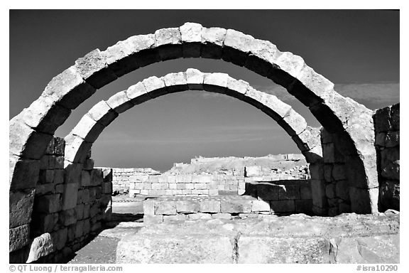 Arches in Nabatean ruins, Avdat. Negev Desert, Israel (black and white)