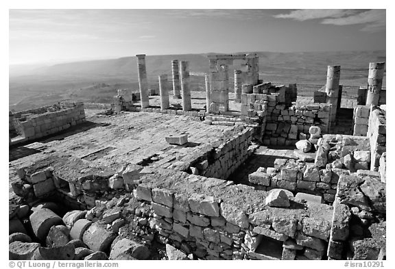 Ruins of the Nabatean Acropolis sitting on a hill, Avdat. Negev Desert, Israel (black and white)