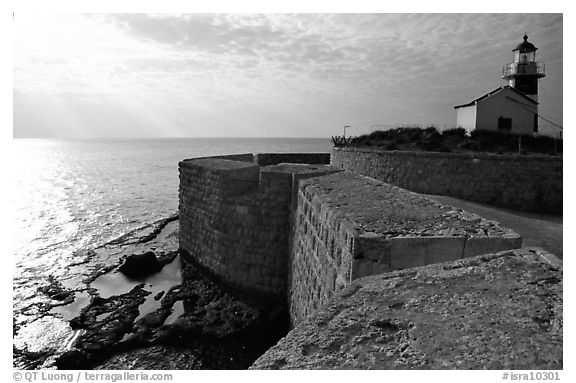 Seawall and lighthouse, late afternoon, Akko (Acre). Israel (black and white)