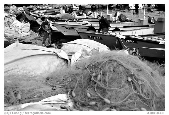 Fishing nets and boats, Akko (Acre). Israel (black and white)