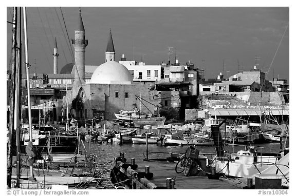 Port and Mosques, Akko (Acre). Israel (black and white)