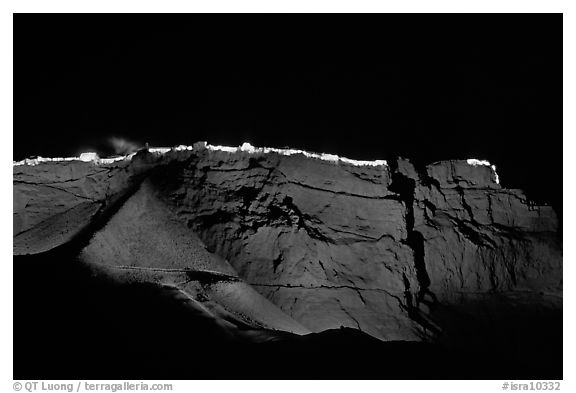 Summit plateau illuminated at night, Masada. Israel (black and white)