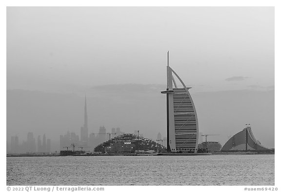 Burj Al Arab and downtown skyline from Palm Jumeira. United Arab Emirates
