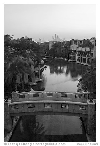 Medina Jumerah bridge over canal and city skyline. United Arab Emirates