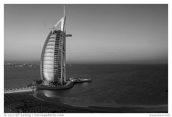 Burj Al Arab and Persian Gulf at sunset. United Arab Emirates (black and white)