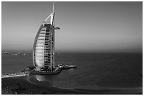 Burj Al Arab and Persian Gulf at sunset. United Arab Emirates ( black and white)