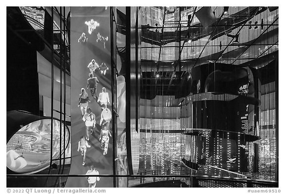 Large hall inside Mobility Pavilion. Expo 2020, Dubai, United Arab Emirates (black and white)