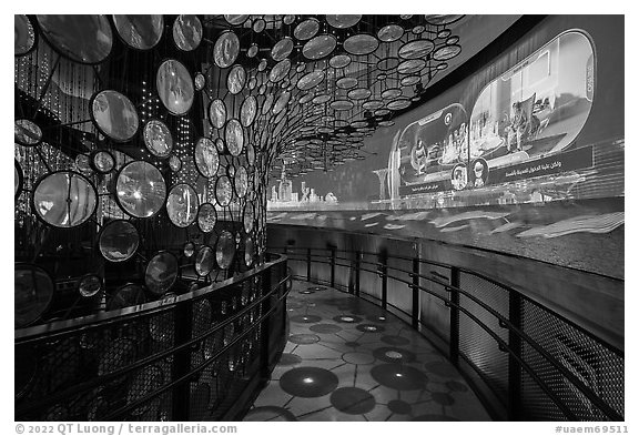 Inside Mobility Pavilion. Expo 2020, Dubai, United Arab Emirates (black and white)